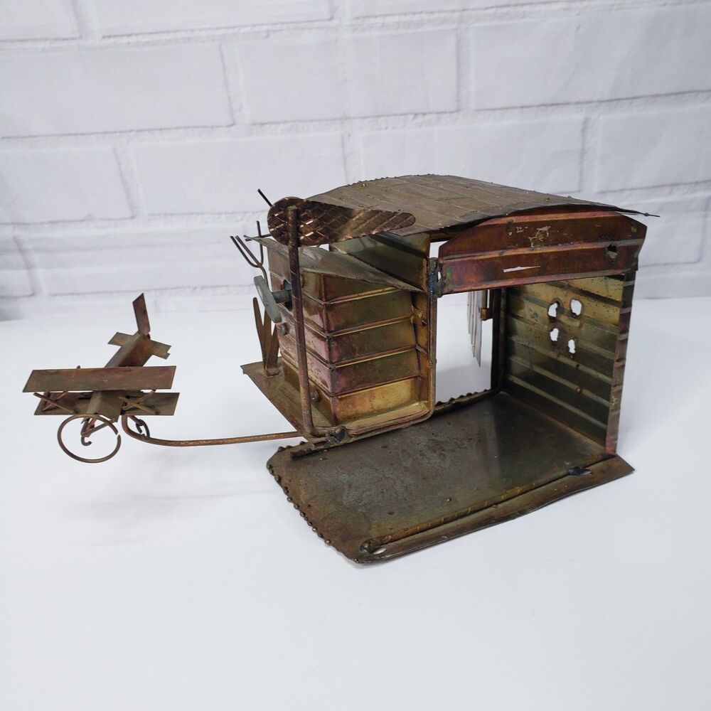 Vintage Brutalist Copper Brass Metal Airport Hangar Biplane Wind Up Music Box